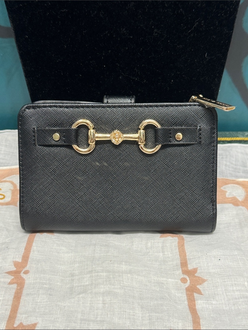 Anne Klein Black Saffiano Zip Wallet with Gold Horsebit Accent